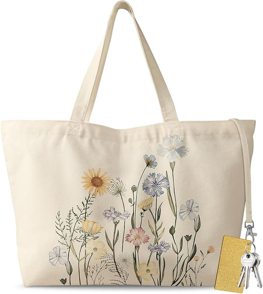 Large Tote Bag for Women - Aesthetic Cute Big Canvas Bags with Zipper Cotton Shoulder Bag for Gym, Travel, Work