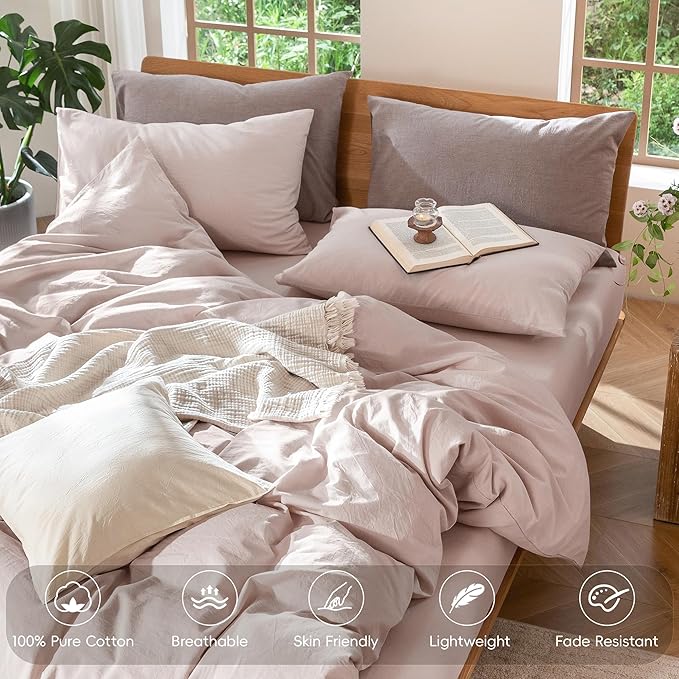MooMee Bedding Duvet Cover Set 100% Washed Cotton Linen Like Textured Breathable Durable Soft Comfy (Heathered Greyish Pink, King 104"x90")