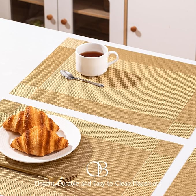Placemats Set of 6 - Easy Clean Woven Vinyl Placemats for Dining Table, Indoor/Outdoor Place Mats, Washable PVC Table Mats（Gold Cube）