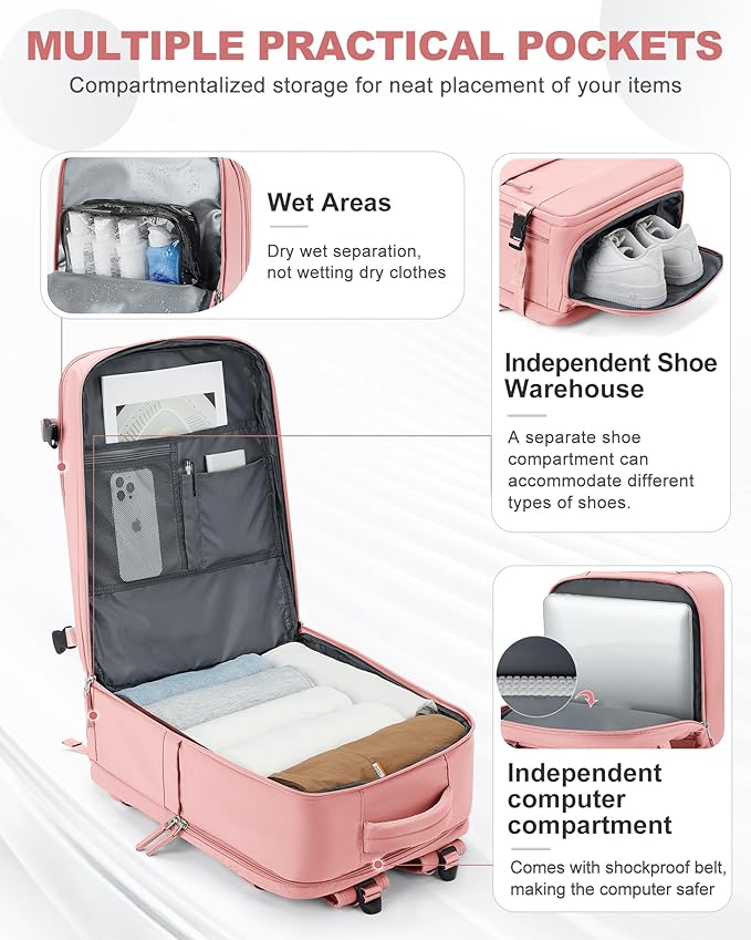 coowoz Large Travel Backpack Carry On for Women Man Gym Backpacks with Laptop Compartment Mochila de Viaje Teacher Personal Item Backpack Rucksack Airplane Accessories Must Haves Pink