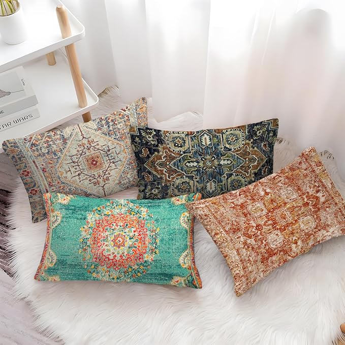 Boho Throw Pillow Covers 12x20 inch Set of 2,Boho Vintage Carpet Pattern Antique Ethnic Decor Double Sided Pattern Cushion Cover Soft Pillow Case Living Sofa Room Bed Square Pillow Cover