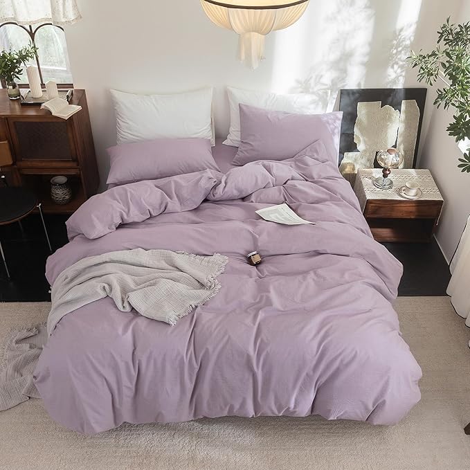 FOSSA Duvet Cover Set 100% Washed Cotton Linen Feel Super Soft Breathable Cozy 3 Pieces Bedding Sets Solid Light Purple Queen
