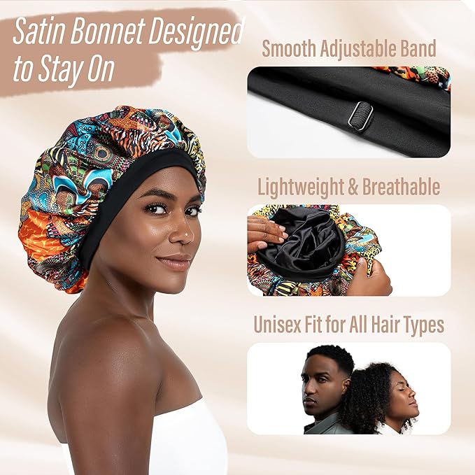 Satin Bonnet Adjustable Sleeping Silk Bonnet Black Women Men Double Layer Satin Silk Sleep Cap Hair Wrap Large Curly Hair