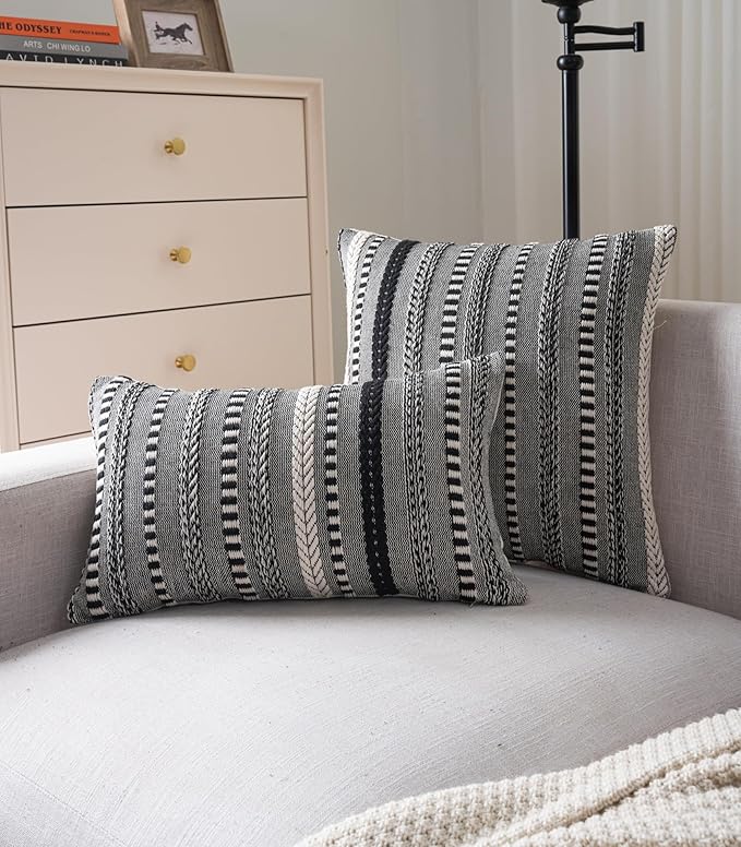 Boho Throw Pillow Covers 18x18 Inch Set of 2, Farmhouse Decorative Couch Pillow Cases, Black Accent Pillows of Bed, Sofa Bedroom Living Room Home Decor Cushion Cover