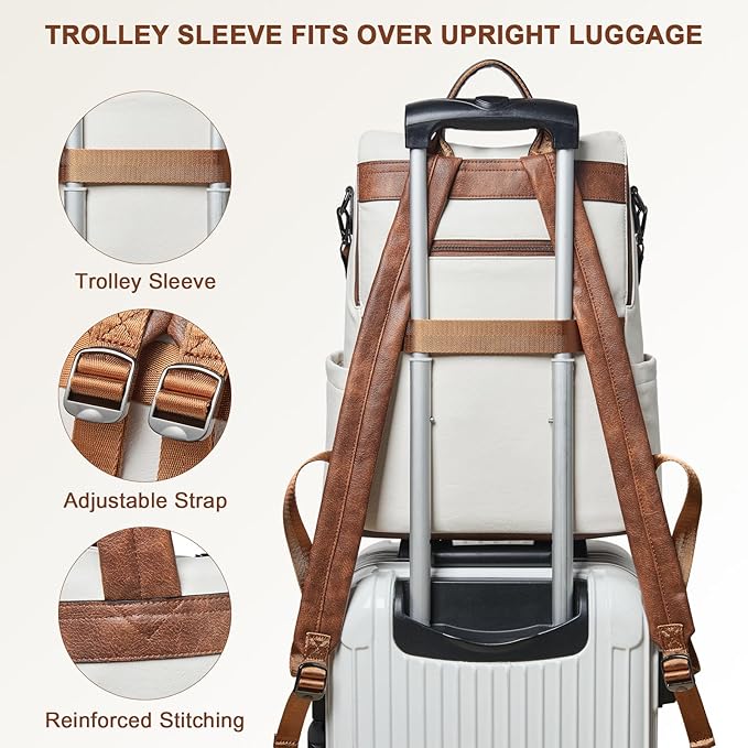 Shrrie Laptop Backpack for Women 15.6 inch,Travel Leather Backpack Purse Nurse Teacher Carry on Backpack Computer Bag,Professional Water-Resistant College Business Work Casual Daypack,Beige with Brown