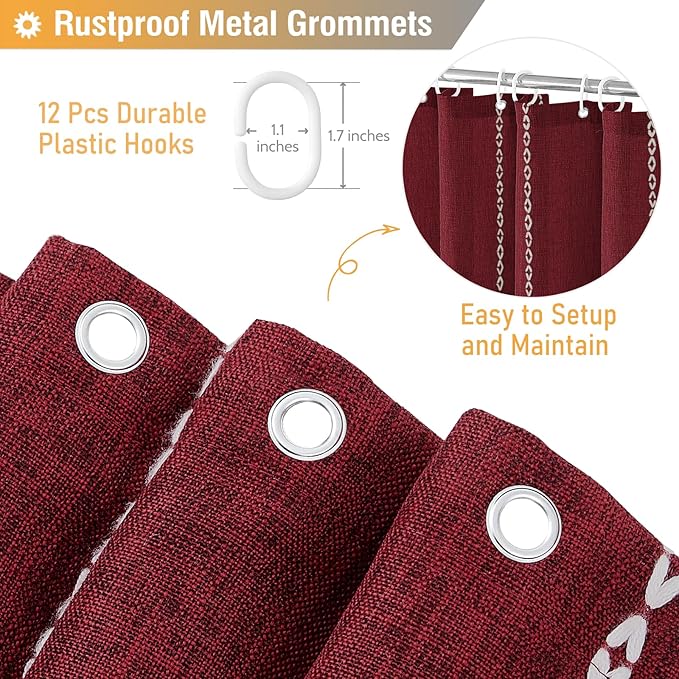 BTTN Boho Shower Curtain, Bohemian Linen Fabric Heavy Duty Striped Shower Curtain Set with Tassel, Water Repellent, Farmhouse Vintage Aesthetic Shower Curtains for Bathroom with Hooks, 72x72, Burgundy