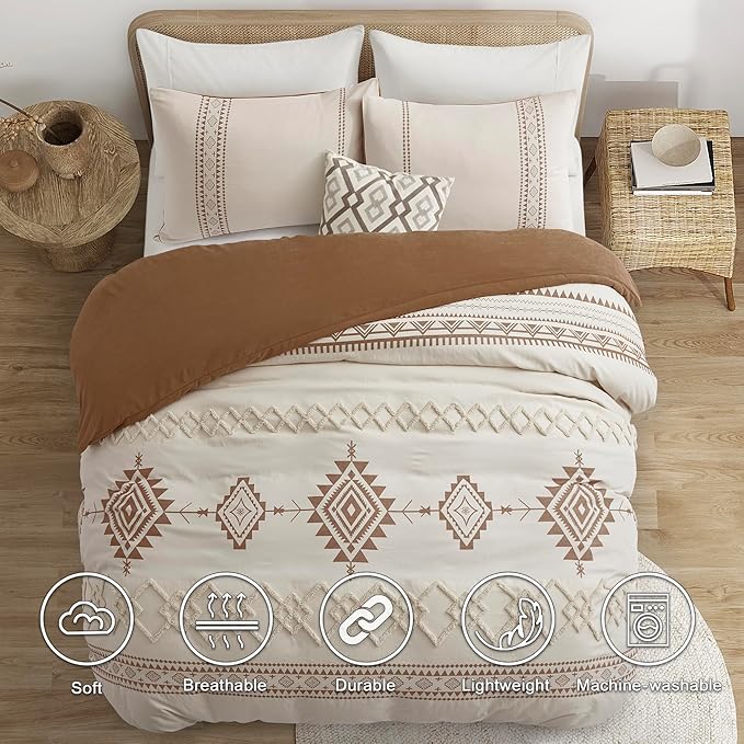 Oli Anderson Boho Duvet Cover Set Queen Size, Beige and Terracotta Color Clash 3 Pieces Microfiber Bedding Set, Durable and Super Soft Duvet Covers with Zipper and Ties, 90"*90"