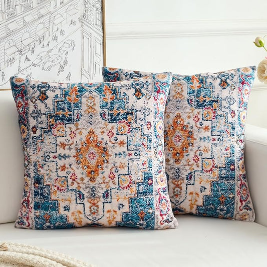 Boho Throw Pillow Covers 24x24 inch Set of 2,Boho Vintage Carpet Pattern Antique Ethnic Decor Double Sided Pattern Cushion Cover Soft Pillow Case Living Sofa Room Bed Square Pillow Cover