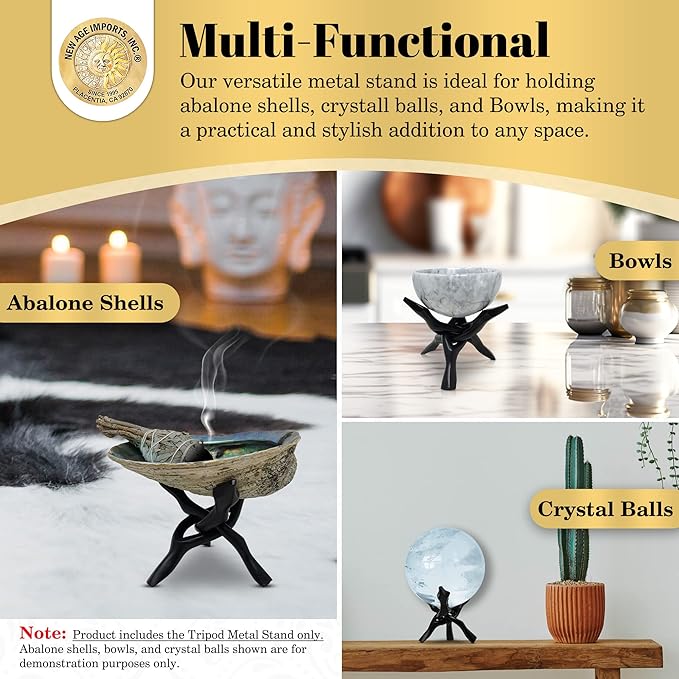 Tripod Stand - Home Decor Holder for Abalone Shell for Display or smudging, Crystal Ball, Trinket & Jewelry Dish, Bowls, Geodes, & More! Heavy Duty - New Age Imports, Inc. (4 INCH - Black Metal)