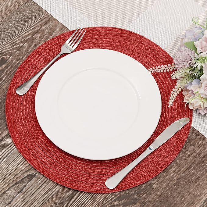 SHACOS Round Placemats Set of 6 Braided Cotton Polyester 15 inch Washable Place Mats for Dining Tables Christmas Table Mats Home Wedding Party Table Decor (Red, 6)