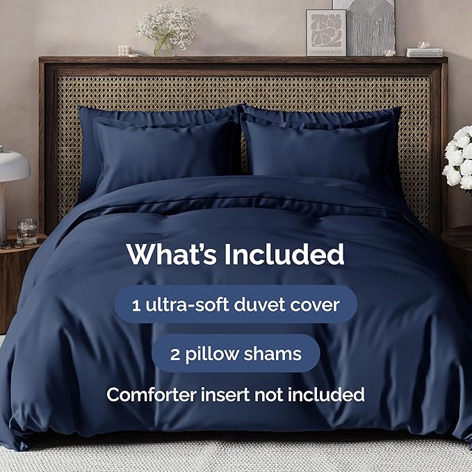 Duvet Cover Full Size Set - Extra Soft Full Size Duvet Cover 80 x 90 with 2 Pillow Shams - Hotel Luxury, Easy Care and Fade Free w/Zipper Closures & Ties - Comfy Breathable Bedding Set (Navy Blue)