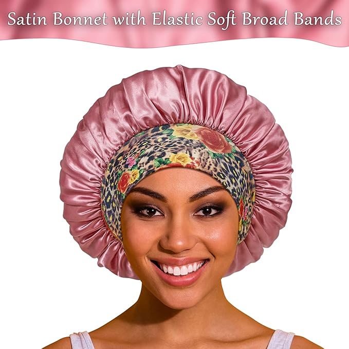 3 Pack Satin Bonnet Silk Hair Bonnet for Sleeping, Sleep Bonnets for Women Large Wide Soft Band Sleep Cap for Curly Hair Braids