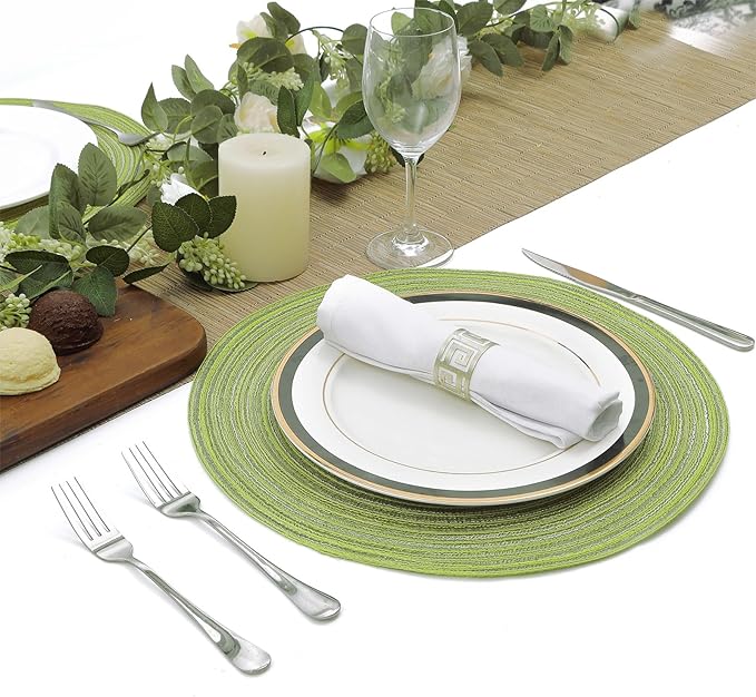 SHACOS Round Placemats Set of 8 Washable 15 inch Round Table Mats Braided Non Slip Fabric Place Mats for Dining Table Indoor (Pea Green, 8)