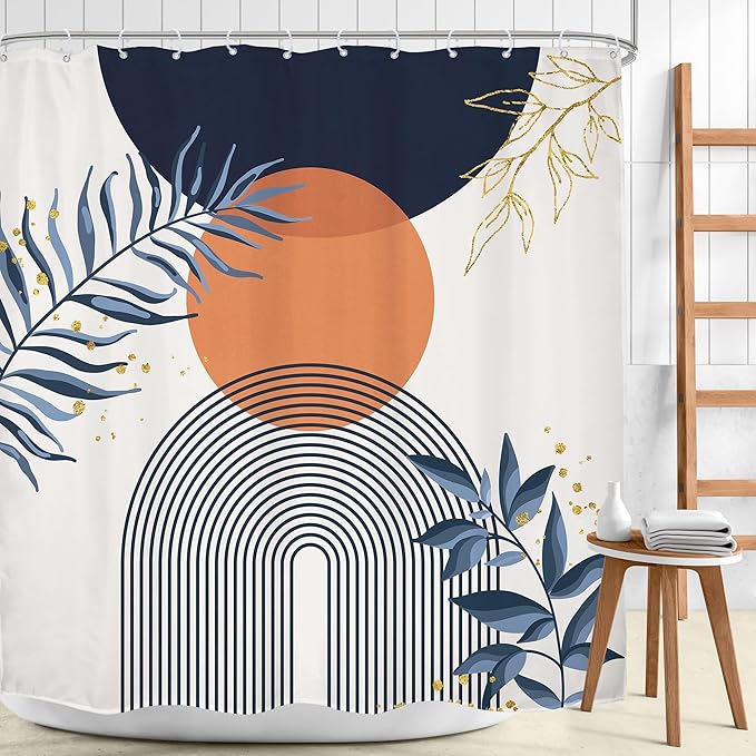 Navy Blue Boho Shower Curtain 72Wx72H Modern Abstract Bohemian Blue Gold Leaves Orange Minimalist Mid Century Plant Bathroom Decor Neutral Geometric Bath Curtain Fabric Polyester 12 Pack Hooks