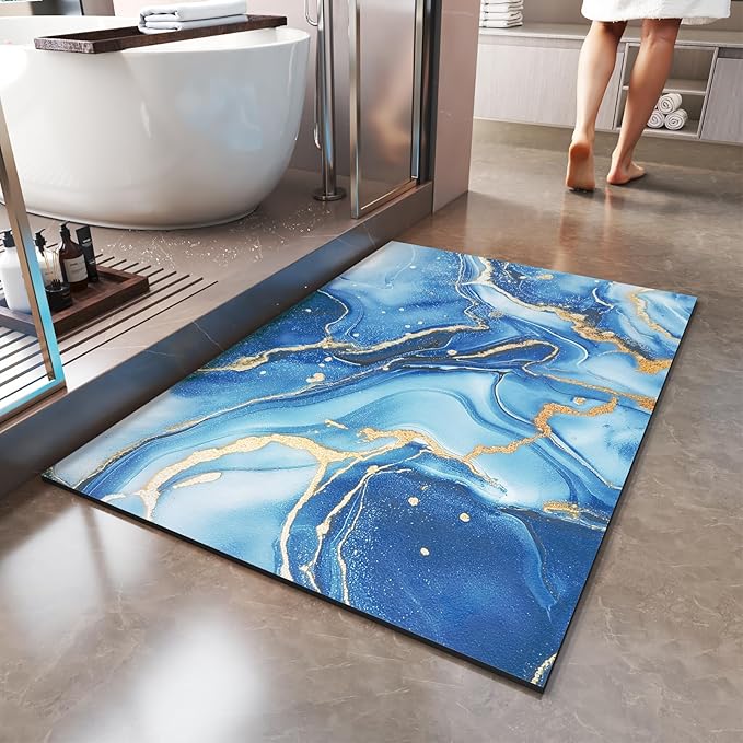 Non Slip Bath Mat Ultra Thin Bathroom Rug Fit Under Door, Rubber Backing Quick Dry Super Absorbent Washable Shower Bath Mats Blue 20x32