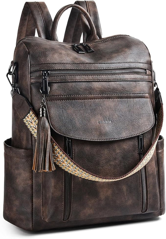 Shrrie Laptop Backpack for Women 15.6 inch,Travel Leather Backpack Purse Nurse Teacher Carry on Backpack Computer Bag,Professional Water-Resistant College Business Work Casual Daypack,Two-toned Coffee