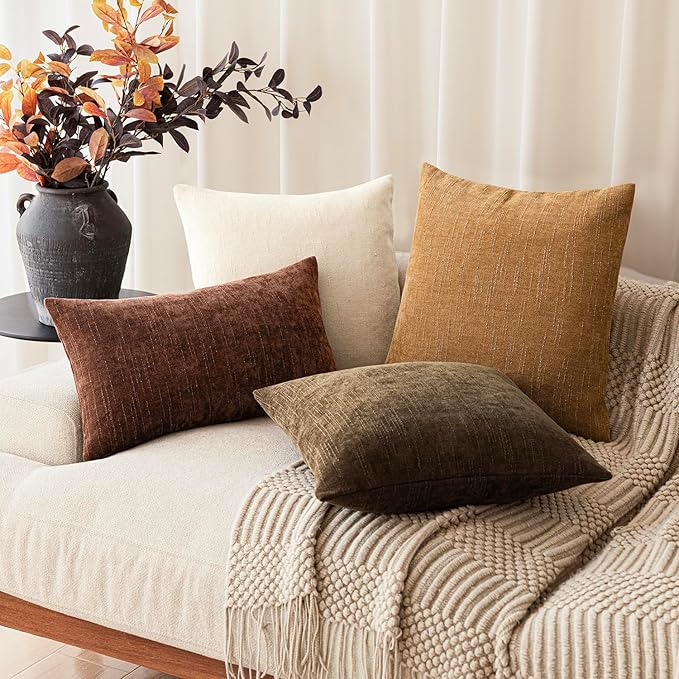 Foindtower Set of 2 Soft Textured Chenille Throw Decorative Pillow Covers Square Accent Solid Cushion Cover Neutral Farmhouse Pillow Case for Couch Sofa Bedroom Living Room 26x26 Inch,Golden Brown