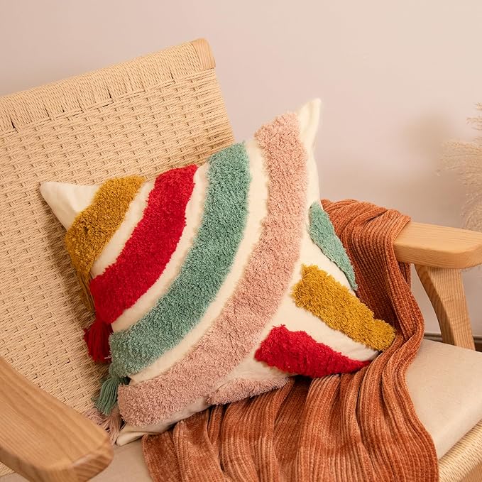 lifein 18x18 Pillow Covers-Throw Pillow Cover,Tufted Boho Jacquard Pillow Covers,Farmhouse Decorative Pillow Cover,Pillow Cases for Couch,Sofa,Bed,Chair,Living Room,Home Decor(18x18inch)