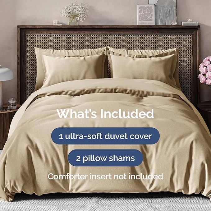 Duvet Cover Cal King Size Set - Extra Soft Cal King Size Duvet Cover 104 x 98 with 2 Pillow Shams - Hotel Luxury & Fade Free w/Zipper Closures & Ties - Comfy Breathable Bedding Set (Heathered Tan)