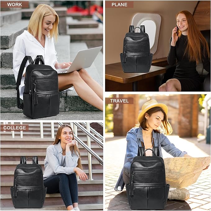 Leather Laptop Backpack for Women, 15.6" Causal Daypack Backpacks Purse Computer Backpack with Laptop Compartment for Travel Work College Business, Black
