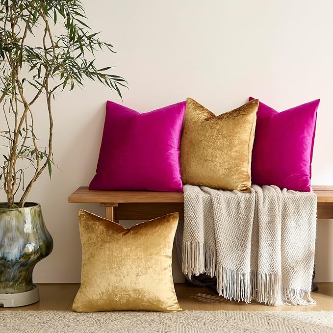 GIGIZAZA Velvet Pillow Covers 20x20,Hot Pink Gold Soft Throw Pillow Covers Set of 4 Square Decorative Modern Pillows Covers for Living Room