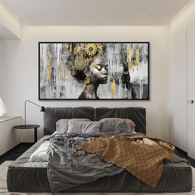 KLAKLA Black Wall Art - African American Black Girl Wall Art Colorful Black African Woman Black and Gold Picture Framed Wall Decor for Living Room Bedroom Home Decoration