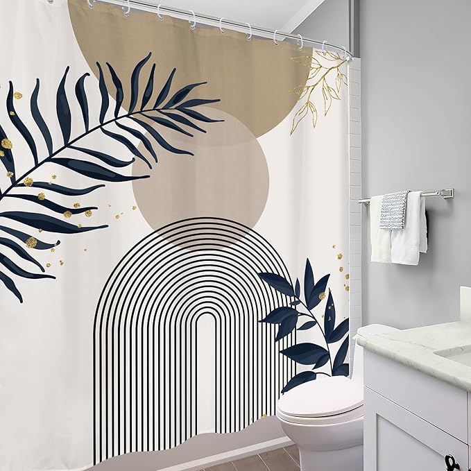Boho Shower Curtain 60Wx72H Modern Mid Century Abstract Gold Leaves Bohemian Minimalist Geometric Arch Plant Botany Bathroom Decor Neutral Aesthetic Bath Curtain Fabric Polyester 12 Pack Hooks