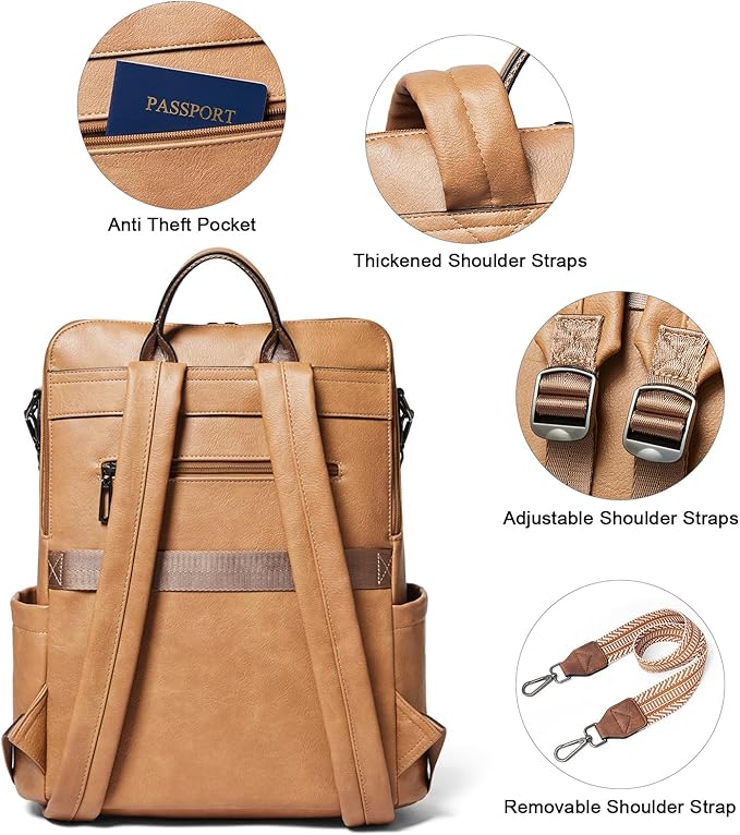 Shrrie 15.6 inch Laptop Backpack for Women,Large Leather Purse,Travel Backpacks Carry on,Water Resistant Casual Laptop Backpacks,College Backpack,Work Backpack for Women,Two-tone Camel Brown