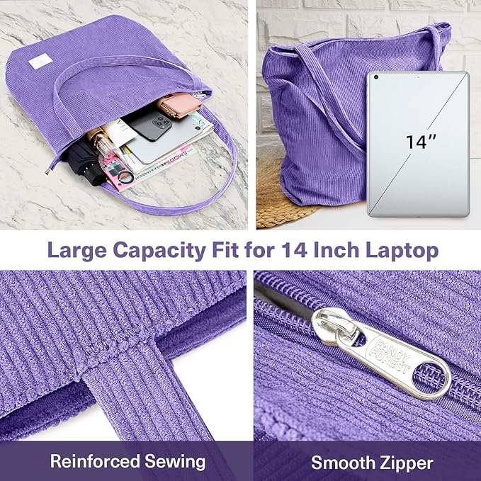 KALIDI Women Corduroy Tote Bag Zipper Casual Tote's Handbag Big Capacity Shoulder Bag with Pockets