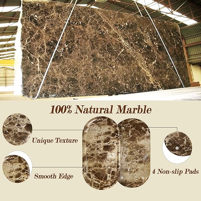 100% Real Natural Marble Tray for Bathroom, Luxury Dark Brown Stone Vanity Tray, Decorative Oval Trays for Countertop Storage, Organizer, Vanity, Dresser, Kitchen, Home Decor, 11.8" x 6", Brown