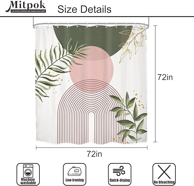 4 PCS Pink Sage Green Boho 72Wx72H Shower Curtain Set Modern Mid Century Plant Bath Rug Toilet Lid Cover Nonslip U Shape Mat Quick Dry Rubber Backed Dirt Resistant Accessories Bathroom Decor