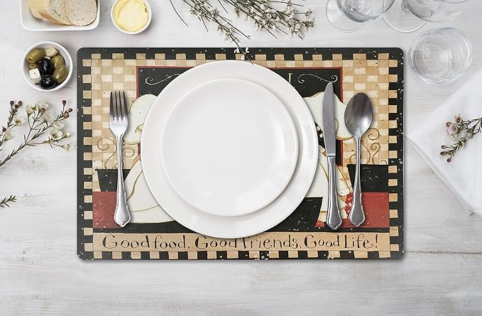 Vinyl Rectangular Placemats Set of 4 - Non Slip Place Mats Ideal for Indoor and Outdoor Dining Table - Washable and Heat Resistant Table Mat for Kitchen Tables (Good Food Good Friend)