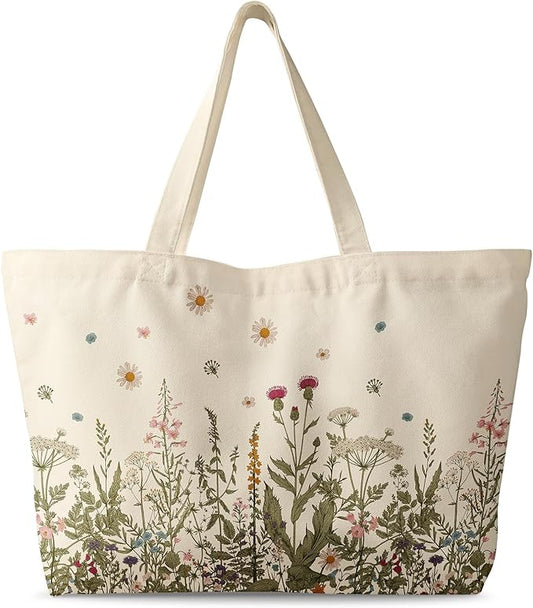 Large Tote Bag for Women - Canvas Tote Bag with Zipper Aesthetic Reusable Shoulder Bag for Gym, Travel, Work