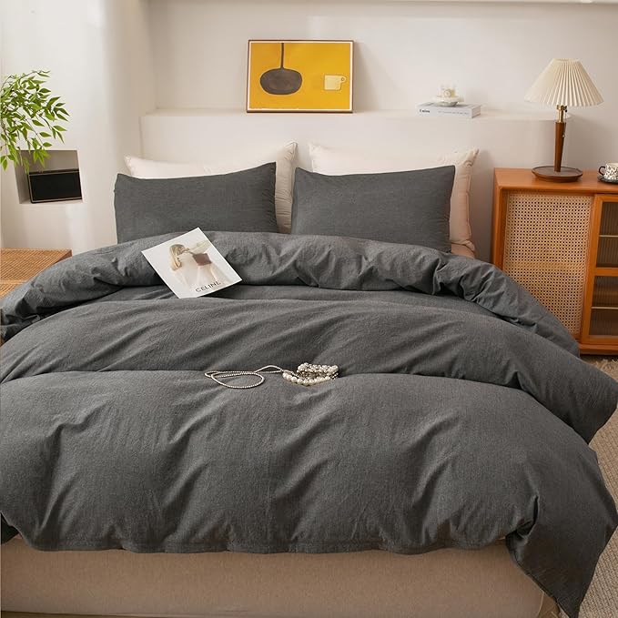 ECOCOTT Grey Duvet Cover Oversized Queen Size, 100% Washed Cotton 3-Piece Bedding Set - Ultra Soft, Breathable & Easy Care with Zipper Closure and 2 Pillowcases, Luxury Hotel Quality