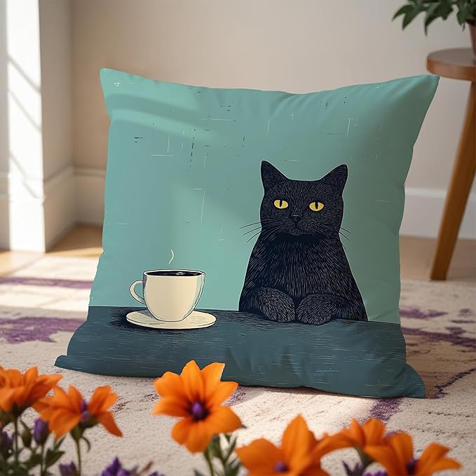 Black Cat Pillow Covers 18x18，Cat Lovers Mom Grandma Gifts for Mother's Day, Black Cats with a Cup Pillow Covers for Home Bedroom Living Room Office Decor