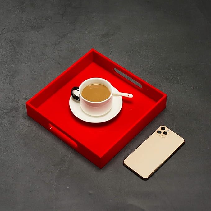 Sturdy Red Acrylic Serving Tray with Handles - 10x10Inch, Coffee/Appetizer/Butler Tray - Kitchen Countertop & Vanity Table Organizer