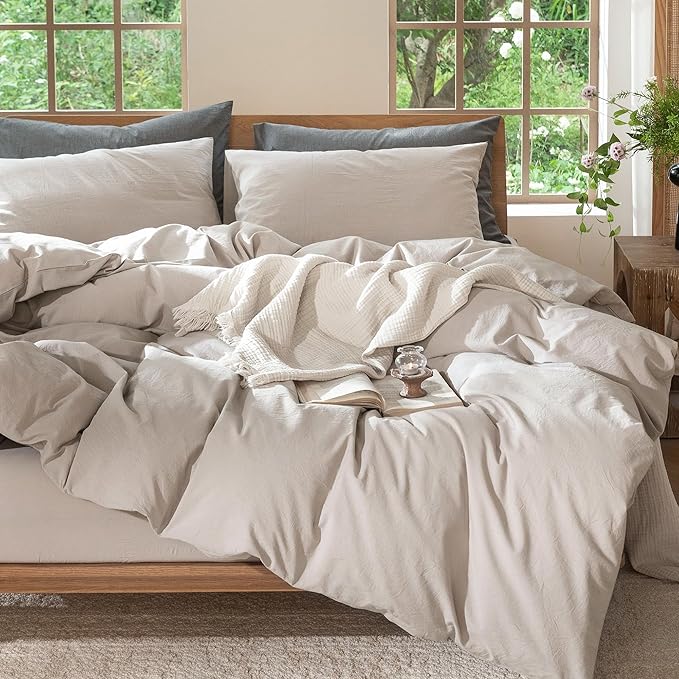 MooMee Bedding Duvet Cover Set 100% Washed Cotton Linen Like Textured Breathable Durable Soft Comfy (Solid Light Tan, Super King Plus 120"x120")