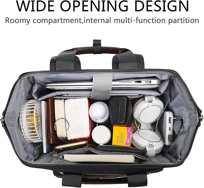 Laptop Backpack For Women, Work Doctor Teacher Nurse Wide Open Bookbags 17.3 Inch Laptops Backpack with USB Charging Port, Water Resistant RFID Computer Backpack for Men Women Black