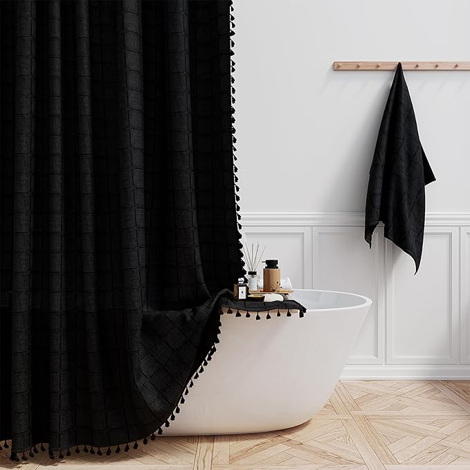 BTTN Stall Fabric Shower Curtain - 54 x 78 Inches Boho Linen Heavy Duty Tassel Shower Curtain Set with 10 Hooks, Narrow Rustic Modern Farmhouse Bohemian Thick Shower Curtains for Bathroom - Black