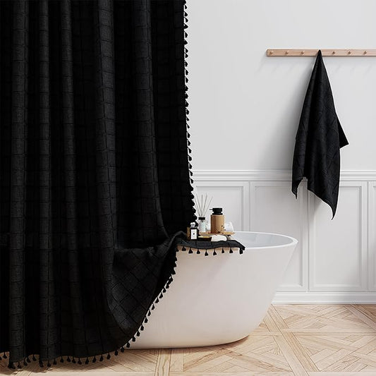 BTTN Extra Long Shower Curtain, 72x84 Inch Long Boho Chic Tassel Linen Fabric Shower Curtain Set with Hooks, Tall Modern Farmhouse Elegant Weighted Thick Cloth Shower Curtains for Bathroom, Black