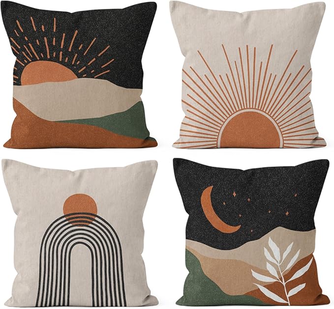 HIWX Boho Pillow Covers, Sun Moon Mountains Decorative Outdoor Throw Pillow Covers, Modern Sunshine Sunrise Landscape for Bedroom Home Decor - Set of 4, 18 x 18