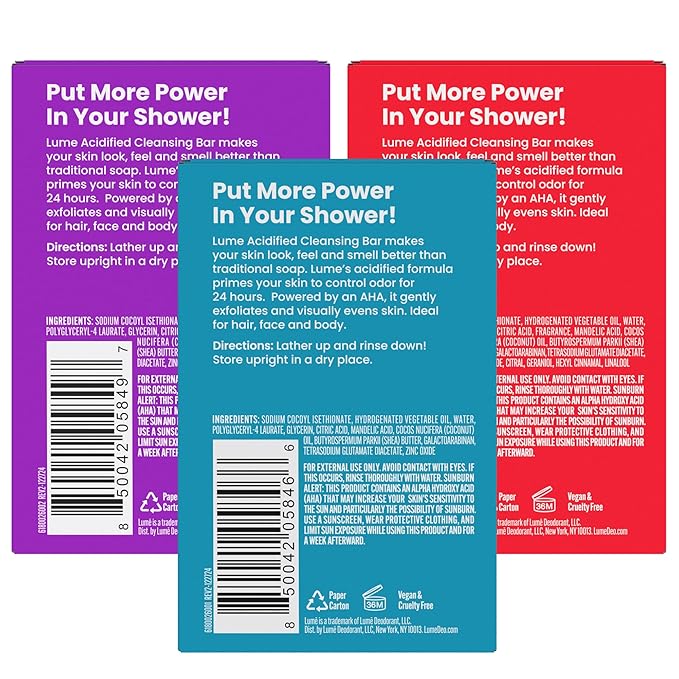 Lume Acidified Body Cleansing Bar - 24 Hour Odor Control - Removes Odor Better Than Soap - Moisturizing - No SLS or Parabens - OB/GYN Developed - 8.5 Ounce, 3 Pack (Tangerine, Lavender, & Unscented)