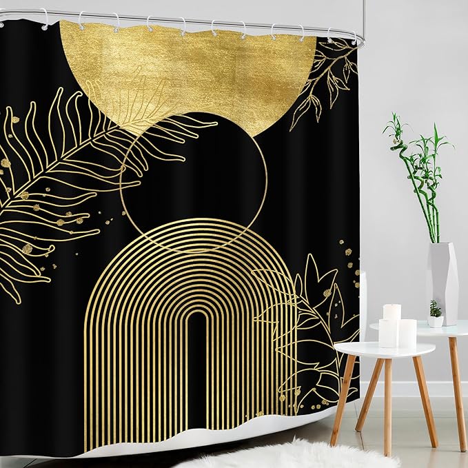 Black Gold Boho Shower Curtain 60Wx72H Mid Century Modern Abstract Leaves Plant Sun Bathroom Decor Minimalist Geometric Arch Line Vintage Aesthetic Bath Curtain Fabric Polyester 12 Pack Hooks