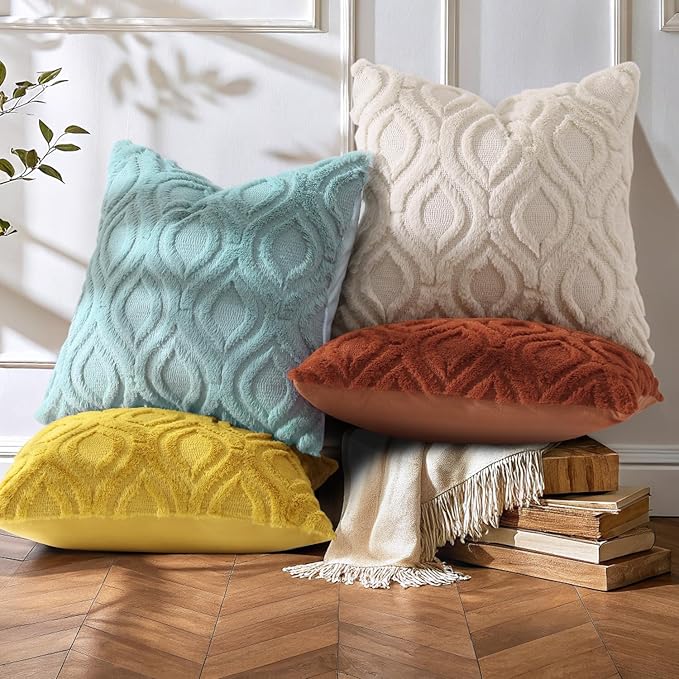 decorUhome Fall Throw Pillow Covers 24x24 Inch Set of 2, Soft Plush Decorative Faux Fur Beige Solid Couch Pillow Covers, Accent Farmhouse Neutral Square Euro Pillow Cases for Sofa Bed Living Room