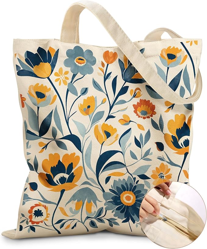 Canvas Tote Bag for Women – Aesthetic Canvas Bag with Zipper Cute Stylish Reusable Shoulder Totes for Shopping Work Daily Vacation, Blue Yellow Flower