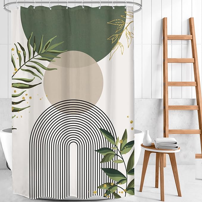 Stall Small Boho Shower Curtain 48Wx72H Rv Sage Green Modern Bohemian Abstract Leaves Mid Century Plant Half Narrow Bathroom Decor Minimalist Geometric Bath Curtain Fabric Polyester 8 Pack Hook