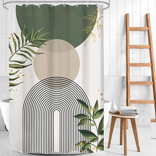 Stall Small Boho Shower Curtain 48Wx72H Rv Sage Green Modern Bohemian Abstract Leaves Mid Century Plant Half Narrow Bathroom Decor Minimalist Geometric Bath Curtain Fabric Polyester 8 Pack Hook