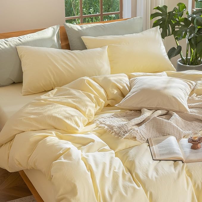 MooMee Bedding Duvet Cover Set 100% Washed Cotton Linen Like Textured Breathable Durable Soft Comfy (Heathered Butter Yellow, Cal King 104"x98")