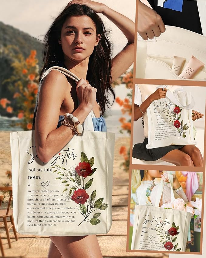 Aesthetic Heavy Canvas Tote Bag with Pocket for Women, Cloth Gusseted Totes Bag with Pattern for Shopping