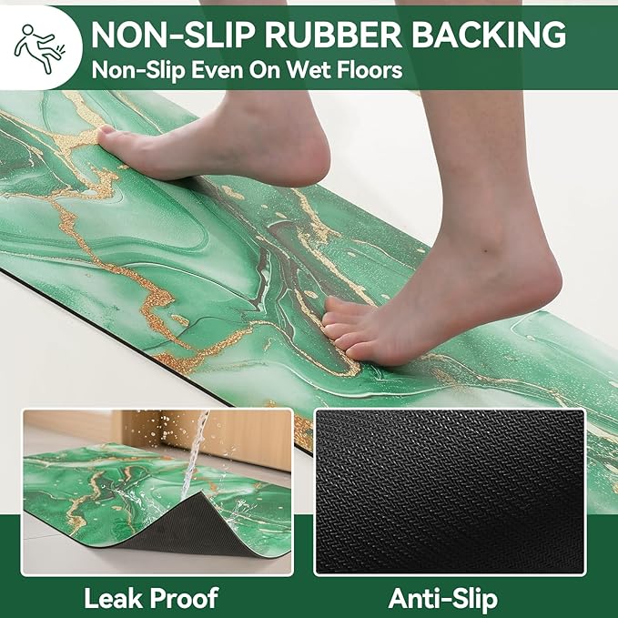 Non Slip Bath Mat Ultra Thin Bathroom Rug Fit Under Door, Rubber Backing Quick Dry Super Absorbent Washable Shower Bath Mats Green 20x32